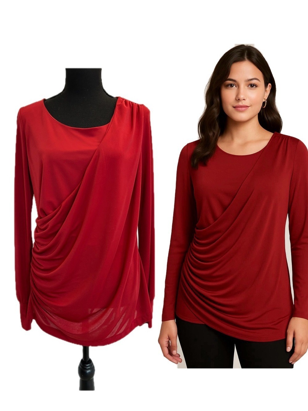 Melanie Lyne Red Crossover Draped Long-Sleeve Women’s Top blouse Sz M